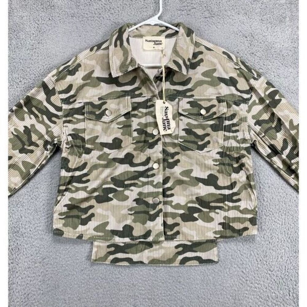 Savanna Jane Corduroy Camo Jacket Women Medium Green Tan Flap Pockets Ladies NEW